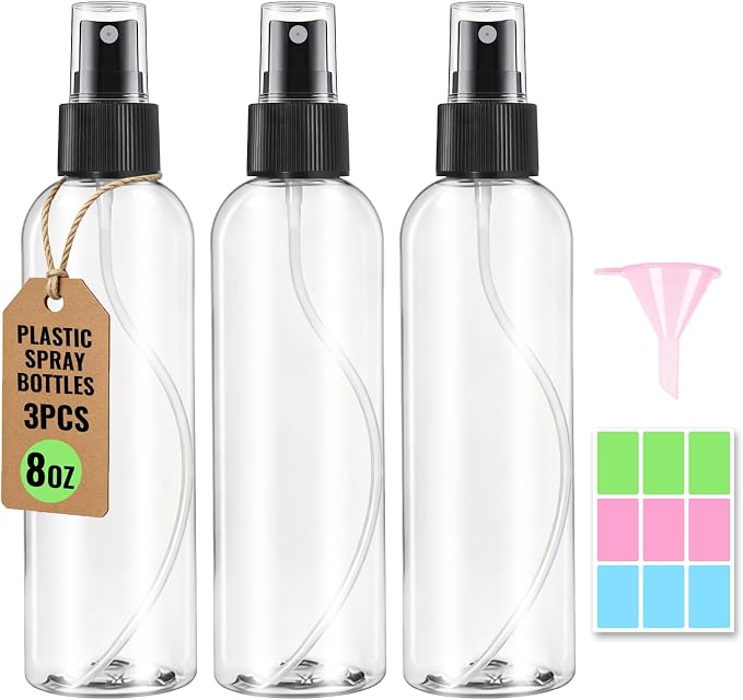 3 Packs 8 oz Clear Plastic Spray Bottles, Black Fine Mist Sprayer | Refillable Empty Bottles with Cap, For Essential Oils, Perfumes, Travel, Cleaning Solutions, With Labels & Funnel