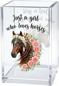 Just A Girl Who Loves Horses Acrylic Pen Holder Cosmetic Organizer, Funny Horseback Riding Pen Pencil Holders for Desk, Equestrian Gifts Makeup Brush Organizer, Horse Lover Desk Accessories