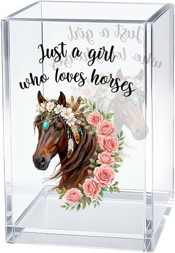 Just A Girl Who Loves Horses Acrylic Pen Holder Cosmetic Organizer, Funny Horseback Riding Pen Pencil Holders for Desk, Equestrian Gifts Makeup Brush Organizer, Horse Lover Desk Accessories