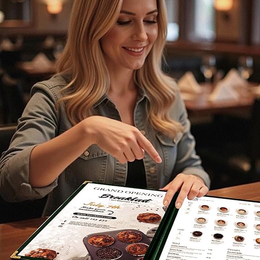 Goodsmart Restaurant Menu Covers – 25 Pack Green 4-View, Side-Loading Menu Holders, Vinyl & Plastic Café Menu Covers, Clear Menu Sleeves, Fits 5.5" x 8.5", Leather-Style Design, Gold Corners