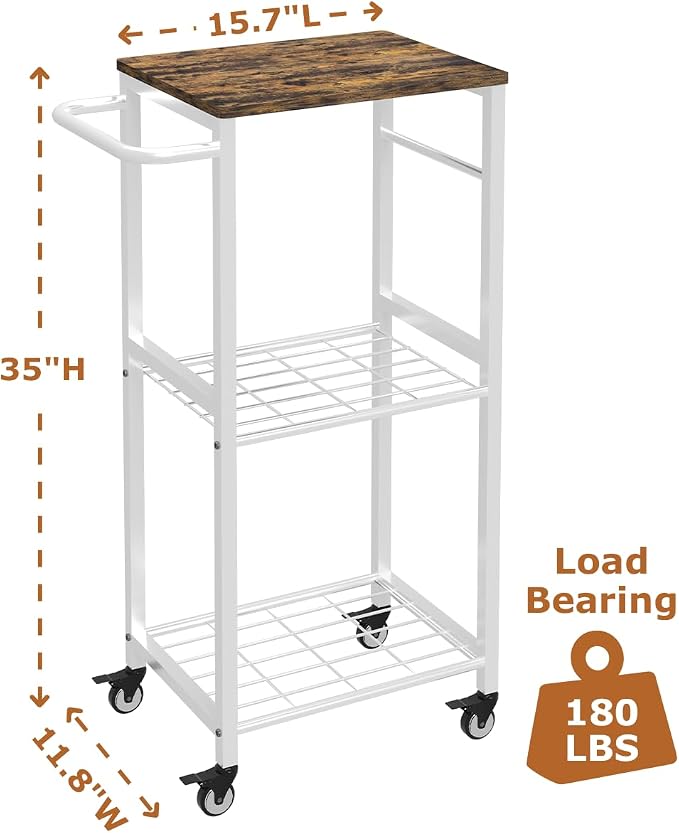 Kitchen Microwave Stand Cart with Storage Rack, 3-Tier Rolling Kitchen Side Table on Wheels with 8 Hooks, Utility Small Coffee Shelf Organizer for Living Room, Bedroom, Bathroom, Office, White