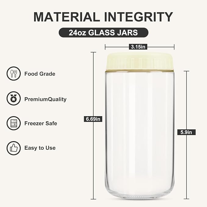 SHOWIN Overnight Oats Containers with Lids, 24oz Glass Jars with Lids 8 pcs, Milk White, Wide Mouth Mason jars for Salad, Yogurt, Snacks, Meal Prep