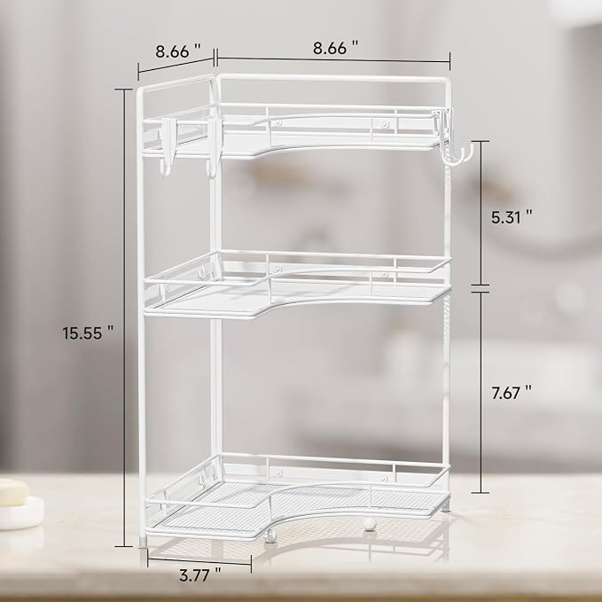 VITVITI 3 Tier Corner Bathroom Counter Organizer, Bathroom Countertop Organizer Storage for Sink, Metal Mesh Makeup Organizer for Vanity Countertop Kitchen with Hooks, White