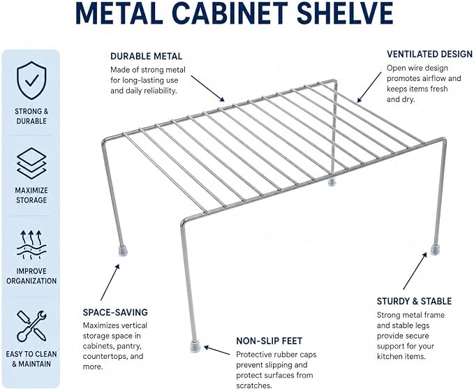 3 Piece White Kitchen Cabinet Metal Shelves Organizer Set –Stackable Steel Wire Storage Rack for Pantry Countertop, Cupboard Dish Storage & Space Saving Kitchen Organization Shelves