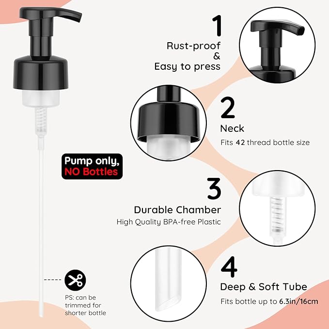 Segbeauty 3pcs Black Foam Pump Replacement for Soap Dispenser, Bathroom Foaming Hand Soap Pump Replacement for Foamer Bottle, 42 Thread Size Kitchen Face Hand Wash Foaming Bottle Lid Reusable