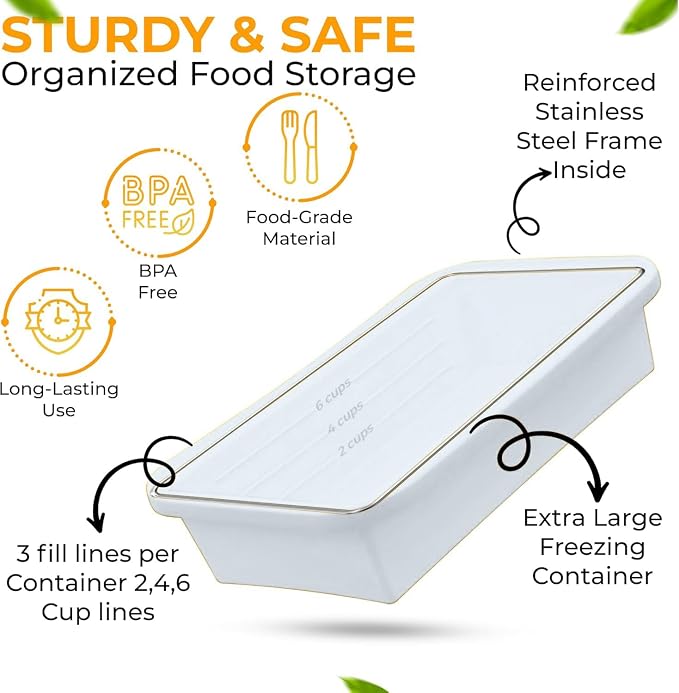 (2 Pack Large Silicone Freezer Containers For Soup, Pasta Sauce, Leftovers, Broth - 6 Cup White Reusable BPA Free Non Plastic Food Storage Freezing Ice Trays With Lids & Measurement Lines