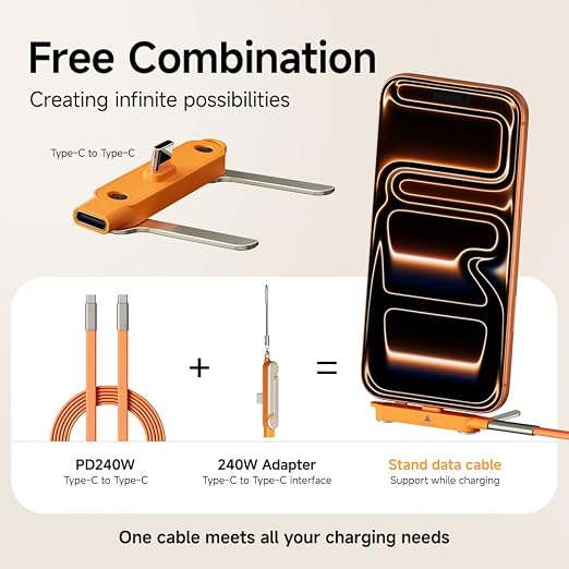 NKV 240w Stand Data Cable Invisible Foldable Holder Charger Cable | 5 FT USB C to USB C Fast Charging Cable for Smartphones, Laptops, Tablets (Black, Data Cable Set)