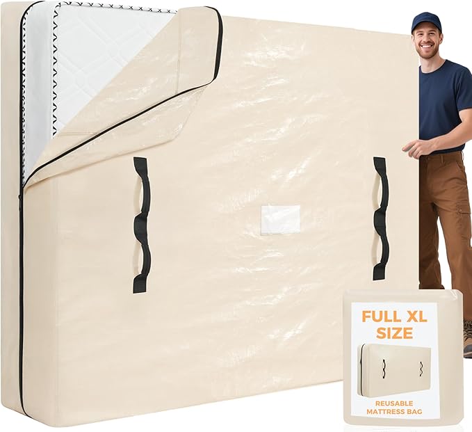 BAGAIL Mattress Bags for Moving, Mattress Covers with Heavy Duty Handles, Reusable Mattress Storage Bag for Moving Supplies(Beige, Full XL)