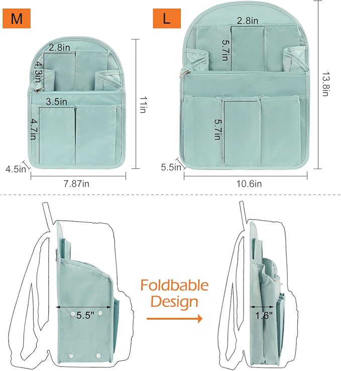Surblue Backpack Organizer Insert Liner Hanging Travel Rucksack Purse and Handbag Insert Pocket, High-capacity Divider Foldable Nylon Shoulder Bag Organizer for Men and Women, (Skyblue, L)