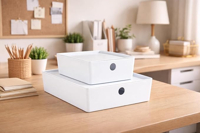 Bella White Modular Box Stackable Storage Bins with Lids Bathroom Organizer Kitchen Container Closet Shelf Organization 4 Pack (Medium)