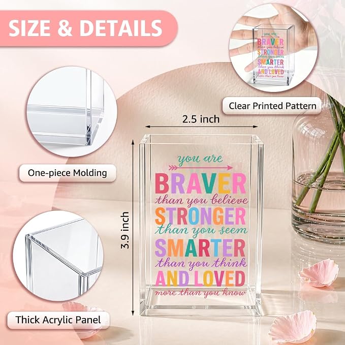 You Are Braver Stronger Smarter And Loved Acrylic Pencil Holder Cup | Inspirational Makeup Brush Organizer for Daughter Niece Friend, Motivational Grad Gifts, Women Affirmation Desk Accessories
