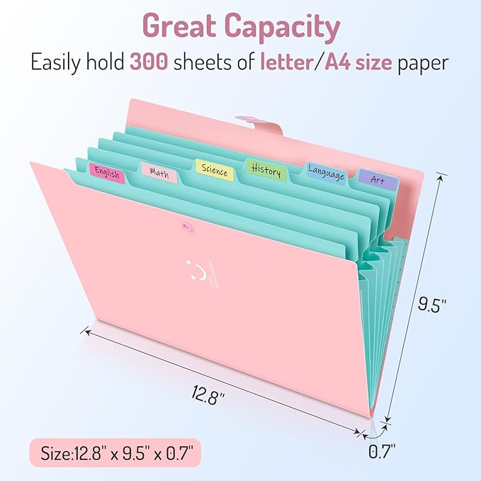 Forvencer Accordion File Organizer, Letter Size, 7 Pocket Expanding File Folder, Cute File Folder with Labels, Portable File Organizer for School Office Supplies, Folders for Documents, Pink