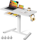 40"×24" Mobile Standing Desk with Drawer, Cup Holder & Hooks | Height Adjustable Portable Desk on Wheels, Small Computer Desk, Rolling Laptop Cart for Home Office, Classroom, White
