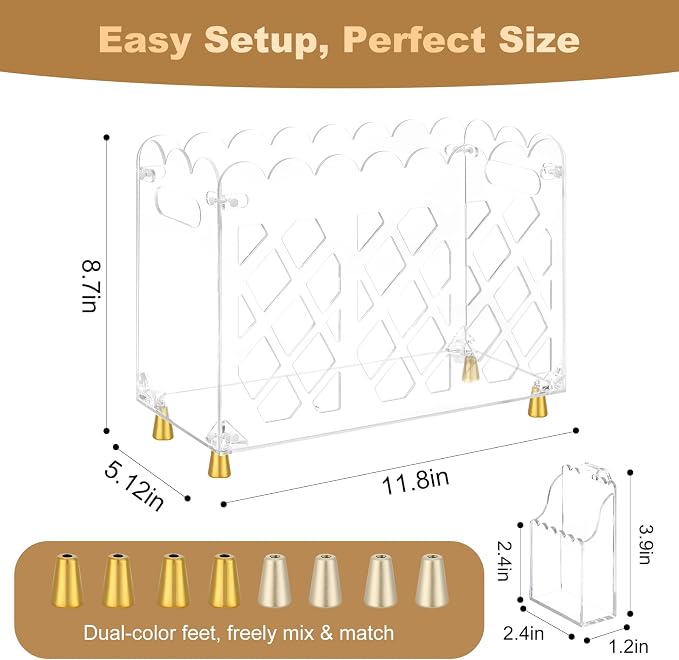 Clear Acrylic Magazine Holder with Handle and Detachable Pen Holder | Wave-Edge Floor Magazine Rack with Replaceable Anti-Slip Gold Feet for Home, Office, Bathroom, or Living Room Storage
