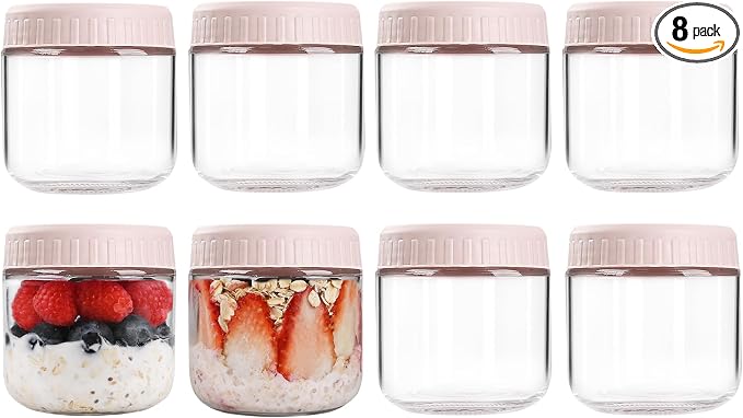 SHOWIN Overnight Oats Containers with Lids, 10oz Glass Jars with Lids 8 pcs, Pink, Wide Mouth Mason jars for Salad, Yogurt, Snacks, Meal Prep