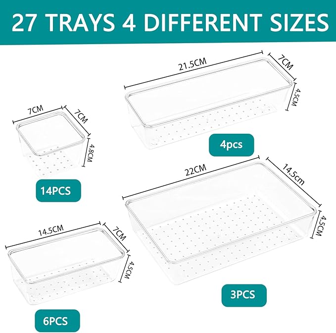 Clear Drawer Organizer Set, 4 Sizes Desk Drawer Divider Organizers Storage Bins for Bathroom,Kitchen,Office,Vanity Organizers Tray for Jewelry (27PACK)