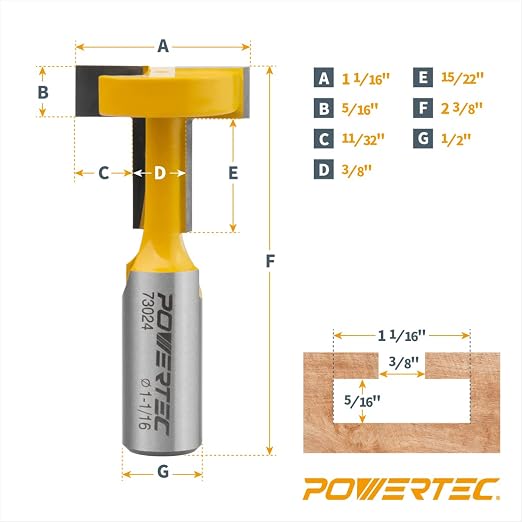 POWERTEC T Track Router Bit, Tungsten Carbide Tipped Router Bit, 1/2" Shank, 1-1/16" Dia., Slatwall, T Slot for Picture Frames, Plaque and Woodworking Projects (73024)