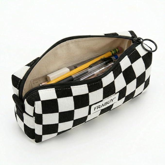 Soft Corduroy Pencil Case Pen Pouch Organizer, Small Stationery Bag | Cute black checkerboard pencil pouch, smooth zipper, daily cosmetics holder, compact organizer for school teen girls, women