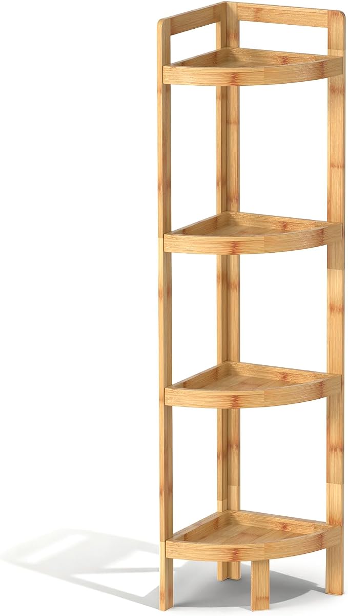 2026 New Bamboo Standing Shelf, 4 Tier Corner Shelf Stand, Free-Standing Shelf Units, Triangular Curved Corner Shelf Stand for Space-Saving Display Ideal for Bathroom/Kitchen/Living Room Storage