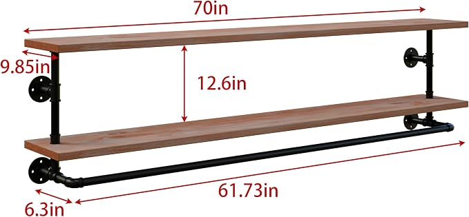 Clothes Rack 70in, 2-Tier Wall Mounted Garment Rack with Real Wood Shelf, Heavy Duty Hanging Clothes Rack, Multi-Purpose Hanging Rod, Space-Saving Closet Storage