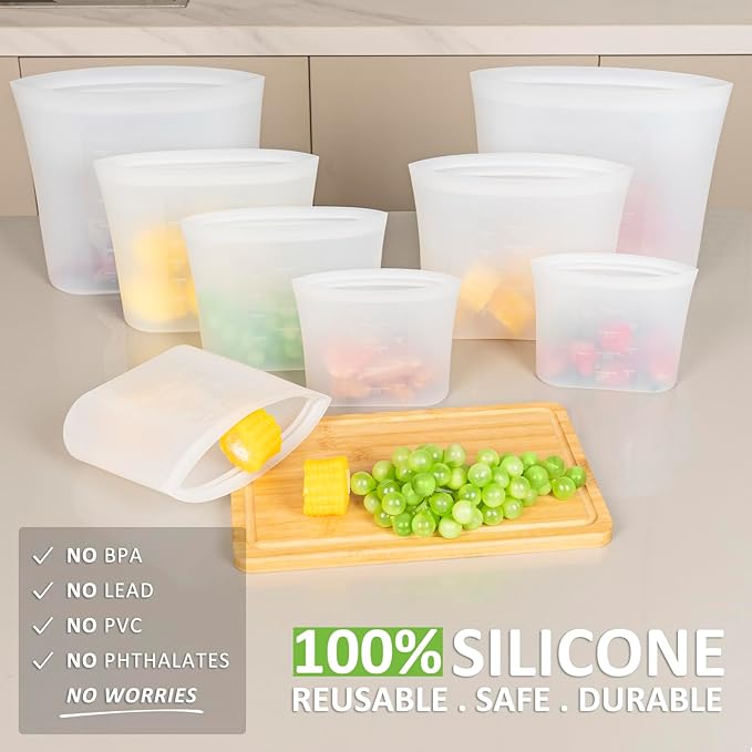 100% Silicone Reusable Storage Bag, 16 Pack Stand-Up Wide-Mouth Zip-Lock Food Storage Bags, Easy-Fill Easy-Open Easy-Clean Space-Saving, Microwave & Dishwasher Safe, 2 XL/4 L/4 M/4 S/2 XS, Translucent