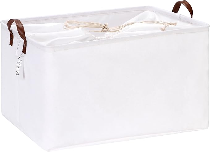 Hinwo 70L Extra Large Storage Bins, Closet Organizers and Storage, Foldable Clothes Storage Baskets with Handles, Containers for Clothing, Blanket, Comforters, Toys, Bedding (White)