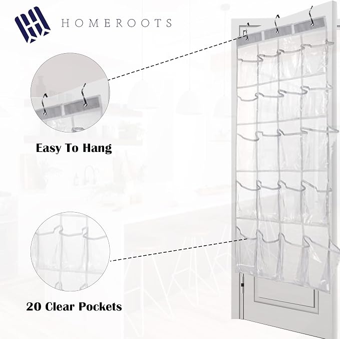 HomeRoots 2 Pack Minimalist Clear Over the Door Organizer with 20 Pockets, Over Door Organizer for Pantry, Bathroom, Closet Storage Door Organizer for Shoes and Toys