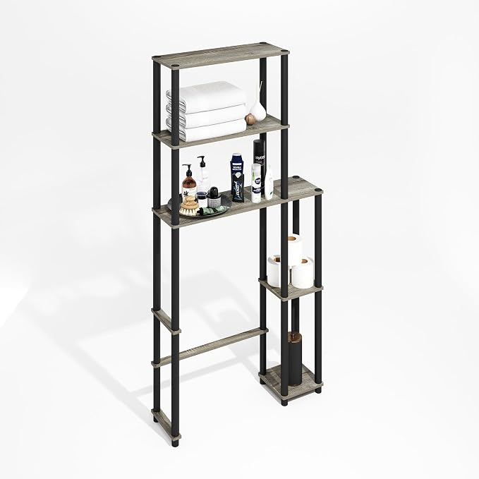Furinno Turn-N-Tube Over The Toilet Storage, 5-Shelf Over The Toilet Organizer, Freestanding Space Saver Bathroom Shelf, for Bathroom Organizers and Storage, Grey Oak