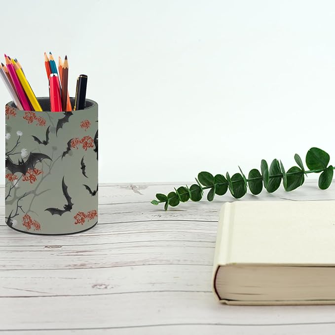Bats Flowers Pen Holder Pencil Cup for Desk Organizer | Cute Makeup Brush Holder PU Multifunctional Office Suppliesfor Decor Home Classroom School