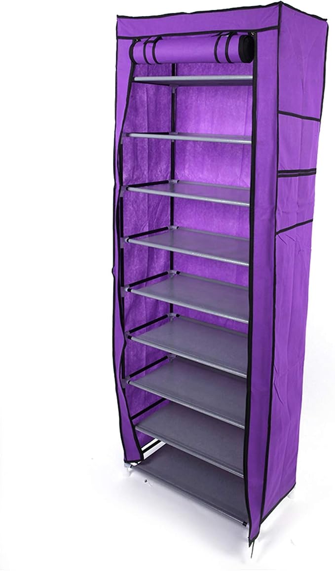 Shoe Rack, 10 Tier Shoe Organizer with Dust Cover, Shoe Storage Shelf for 20-27 Pairs of Shoes, Designed for Doorways, Entryway, Suitable for Sneakers, High Heels, Flats, and Boots (Purple)