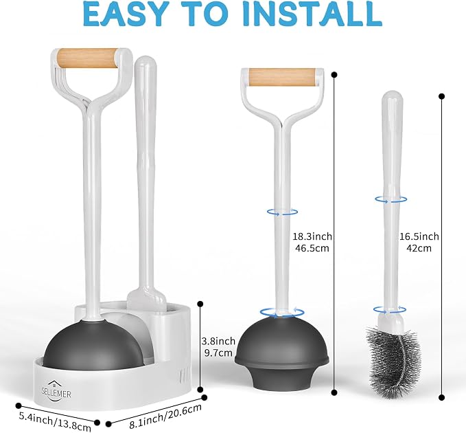 Sellemer Toilet Brush and Plunger Set, Curved Head for Deep Cleaning, White | Brush and Plunger set, Curved Nylon Bristles for Deep Clean, Strong Suction Plunger, Ventilated Holder for Quickly Air Dry