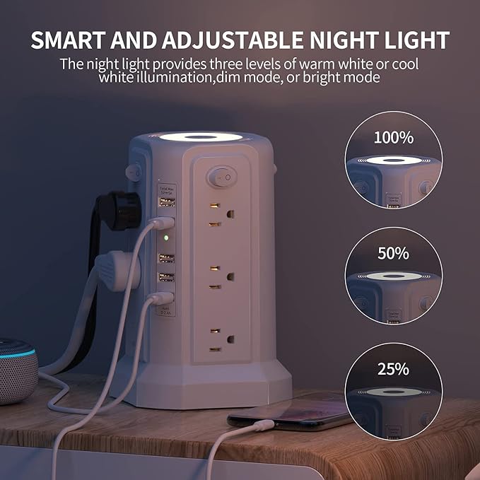 Surge Protector Power Strip Tower with 5 USB Ports and Night Light, 10FT Extension Cord with 12 AC Multiple Outlets, PASSUS Power Tower, Overload Protection for Home Office Dorm Room (2PC-White+Black)