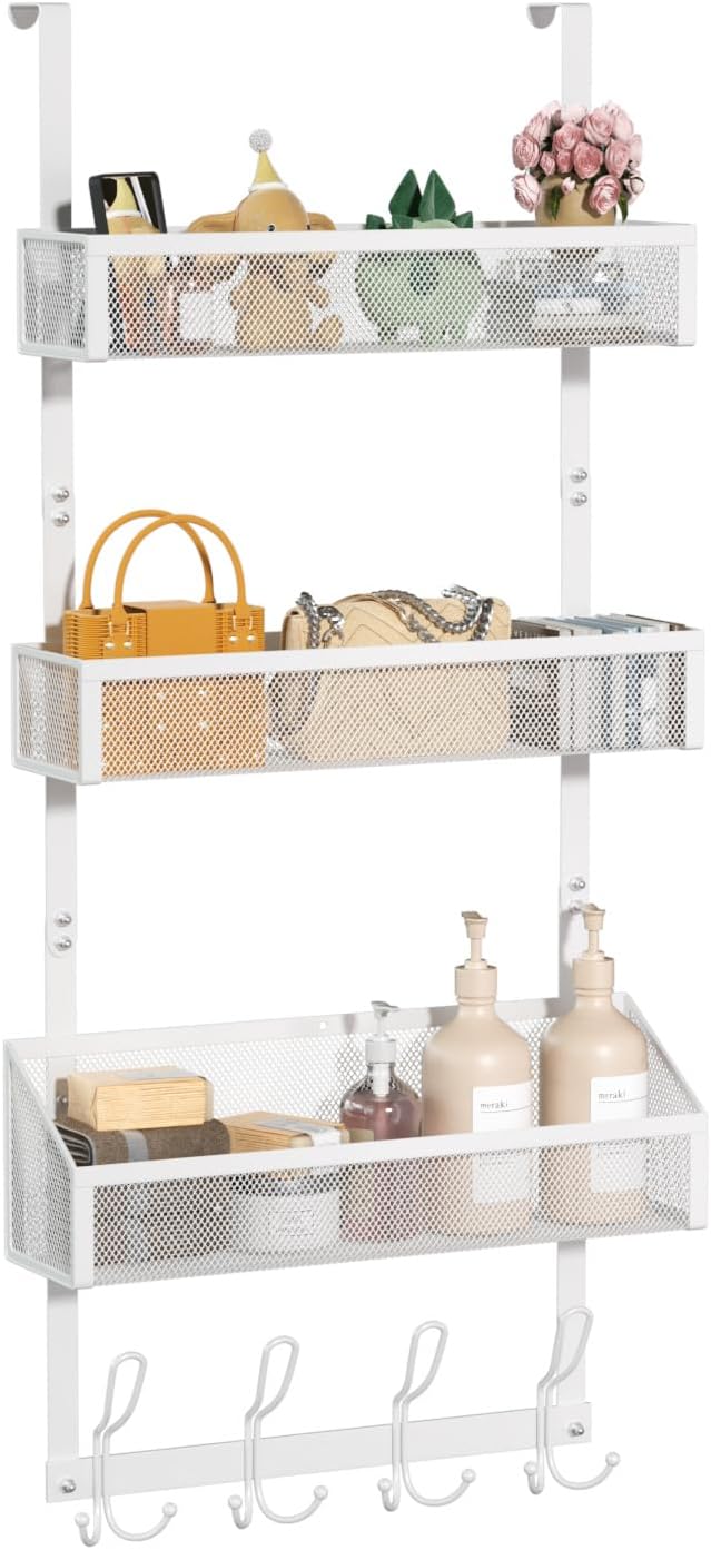 Over Door Hook Organizer 12 Hook Over The Door Organizer with 3 Mesh Baskets - Back of Door Storage Towel Rack Space Saving Storage Organizer for Bedroom, Bathroom, Kitchen, Pantry, White