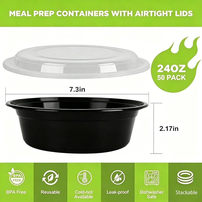 WGCC Meal Prep Containers with Lids - 50Pack 24OZ Meal Prep Bowls, Disposable Food Prep Containers, Round To Go Containers with Lids, BPA-Free, Freezer & Dishwasher Safe