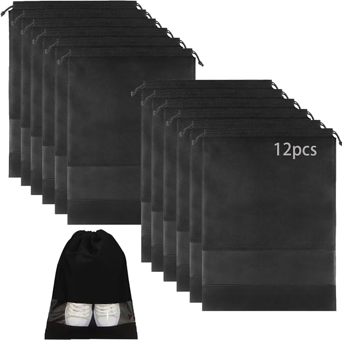 YMCCOOL 12pcs Non-woven Shoe Bags for Travel 12.6" X 17.3" Portable Shoe Bags with Clear Window, Large Drawstring Dustproof Travel Shoe Storage Bag for Men & Women, Black,XL Size