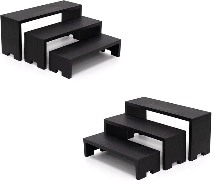 Yikaroeli 2 Set Black Display Risers Small Wooden Perfume Riser for Display Stand 6Pcs 3 Tiered Cologne Shelf Men Organizer Wood Racks Cupcake Stands