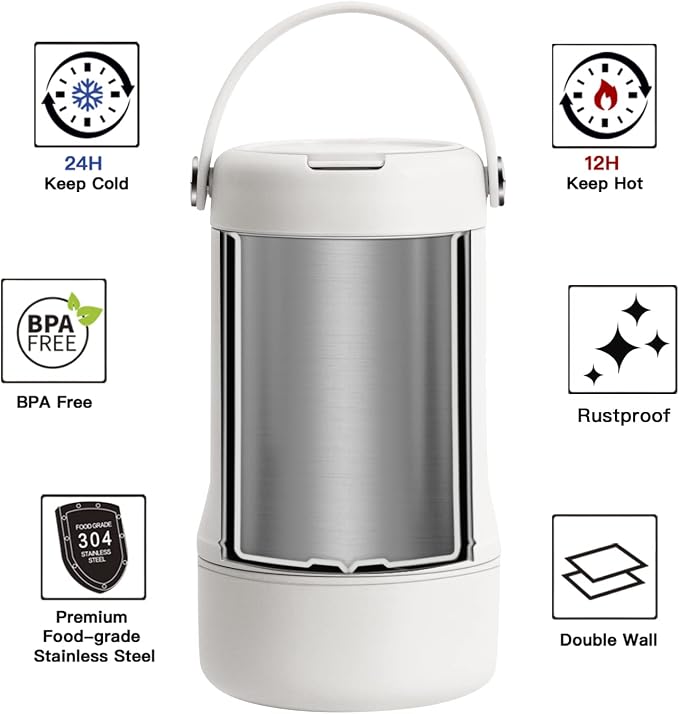 Ideus Soup Thermo with Foldable Spoon and Bowl 20oz, All-in-one Insulated Bento Lunchbox Stainless Steel Leakproof Portable Soup Container Vacuum Thermal Food Jar for Lunch, White