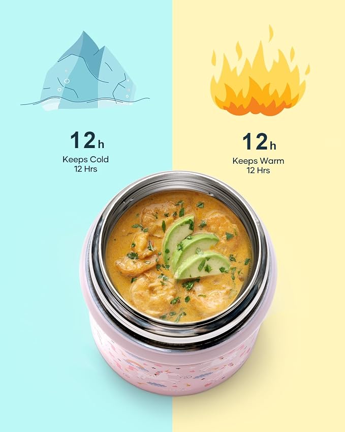 BUZIO Kids Food Jar for Hot Food, 10 oz Insulated Lunch Containers Vacuum Insulated Soup Container, Leak Proof Food Jar with Folding Spoon for School Office Travel, Unicorn