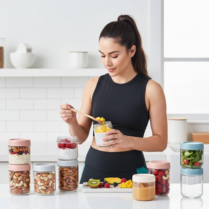 ColoVie Glass Meal Prep Jar Set, 8 Pack Overnight Oats Containers with Lids | Food Storage for Snacks, Yogurt, Spice, Salad, Chia Seed Pudding Jars, Wide Mouth Mason Jars with Airtight Lids, 16oz 10oz