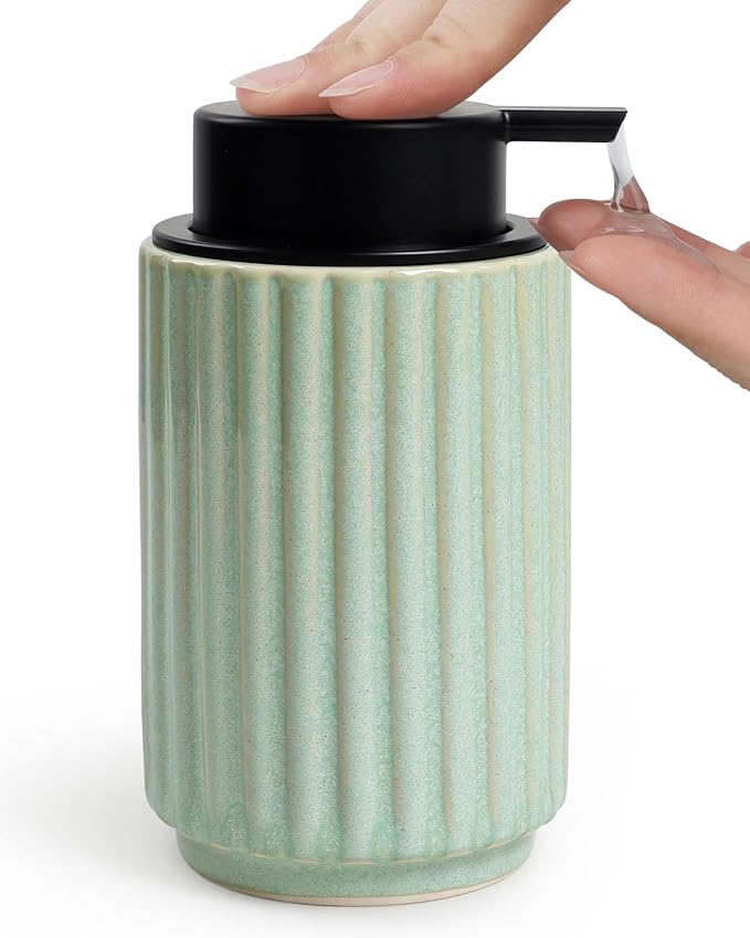 Soap Dispenser, Green Ceramic Refillable Liquid Hand Soap Pump for Bathroom Kitchen, 10.5OZ Lotion Dispenser, Dish Soap Dispenser, Modern Stripe Design, ANTIS'S HOME
