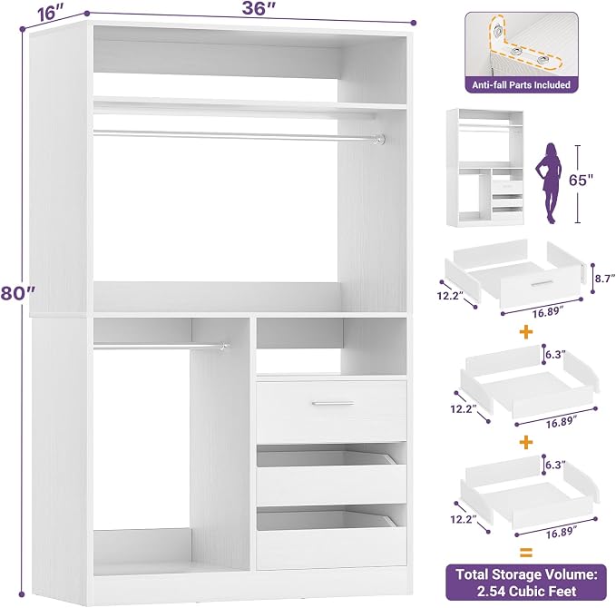 iSunirm 36'' Closet System with Long Hanging Rods, 3FT Modular Closet Organizer System with 4 Shelves, Wood Walk-in Closet with Closed & 2 Half-Open Drawers, 80" H Adjustable Garment Rack, White