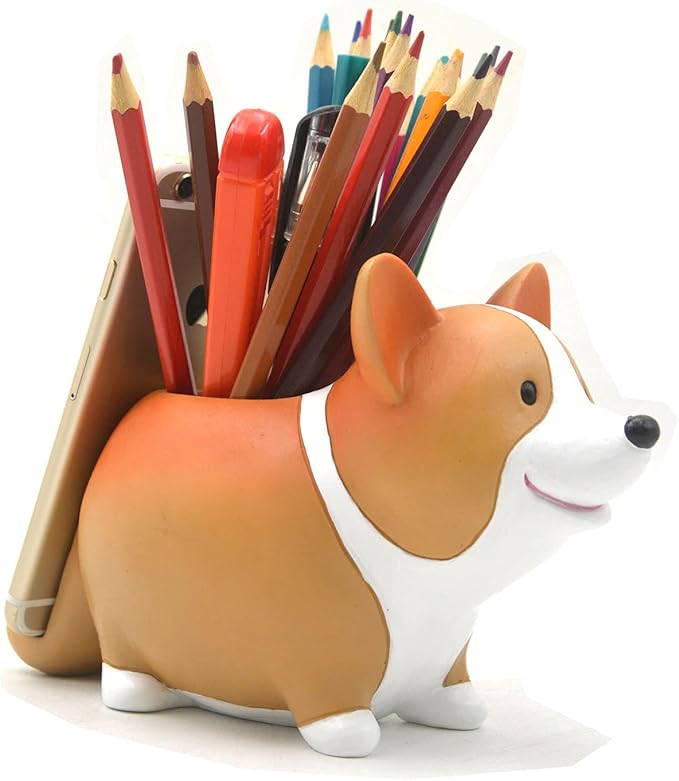 Cute Desk Accessories Corgi Pen Pencil Holder with Phone Stand Home Office School Desk Decor Corgi Gift Art Figurines Home Living Room Aesthetic Floating Shelf Coffee Table Bathroom Counter Decor