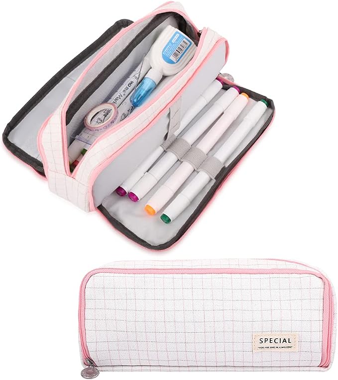 iSuperb Large Pencil Case Big Capacity Pencil Pouch 3 Compartments Pen Bag Canvas Marker Pen Bag for Teen Boys Girls School Students (Plaid Pink)