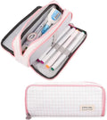 iSuperb Large Pencil Case Big Capacity Pencil Pouch 3 Compartments Pen Bag Canvas Marker Pen Bag for Teen Boys Girls School Students (Plaid Pink)