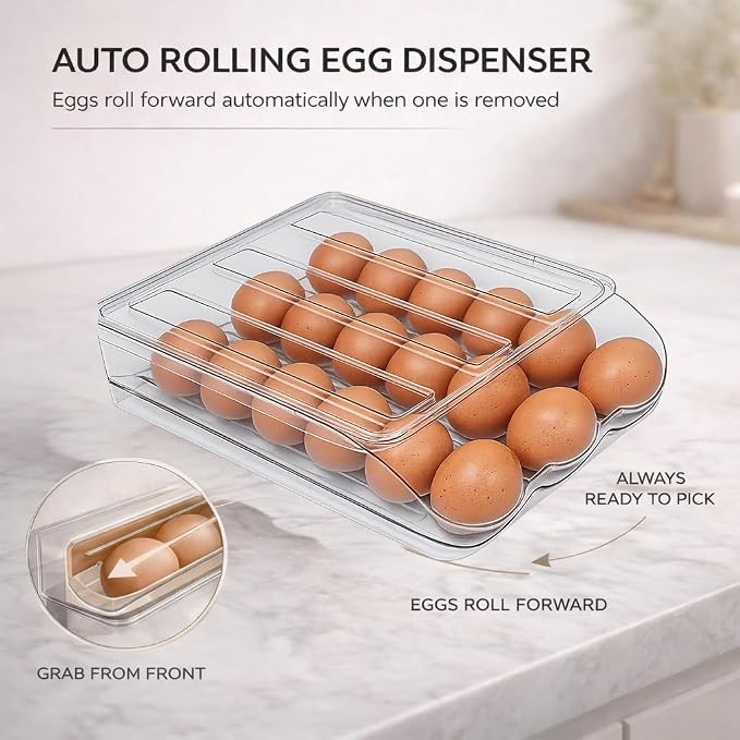 Egg Holder for Fridge with Rolling Auto Dispense, Egg Dispenser for Refrigerator, Stackable Egg Organizer for Refrigerator, Holds 18 Eggs, Clear Space Saving Storage Container for Kitchen Use