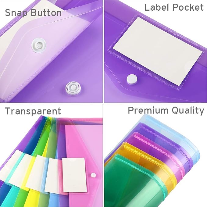 Sooez 6 Pack Folders Plastic Envelopes, Clear Plastic File Folder for Document, Letter A4 Size Poly File Envelopes with Label Pocket, Snap Button for Home Work Office Organizer, 6 Colors
