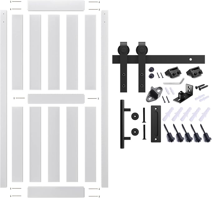 36''x84'' Sliding Barn Door with 6.6 Ft Barn Door Hardware Kit | Fits 32-34''W Openings, Pre-Drilled Holes Easy Assembly-Waterproof PVC Surface, H-Frame, White