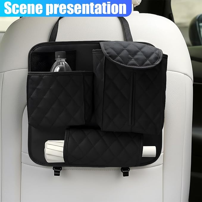 YoRise Leather Car Seat Back Organizer, Multifunctional Hanging Automotive Storage Bag with 2 Hooks, Car Seat Travel Bag for Tissue, Phone, Handbag, Bottle, Umbrella, Snack (Black)
