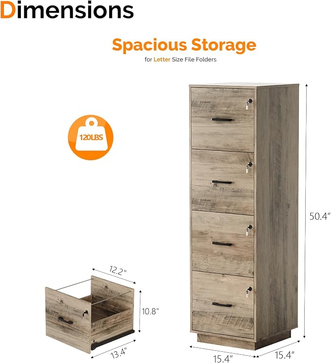 VINGLI 4 Drawer File Cabinet with Lock, Home Office Filing Organizer, for Letter Size File Folder Storage, Wood Tall Vertical Filing Cabinet, Printer Stand, Archivador (Rustic Gray)