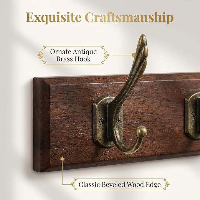 Wall Mounted Coat Rack with Solid Wood, 5 Bronze Metal Hooks – 19.6 Inch Rustic Brown Entryway Organizer for Hanging Coats, Hats, Jackets, Scarves, Bags, for Hallway, Bedroom, Bathroom（5Hooks）